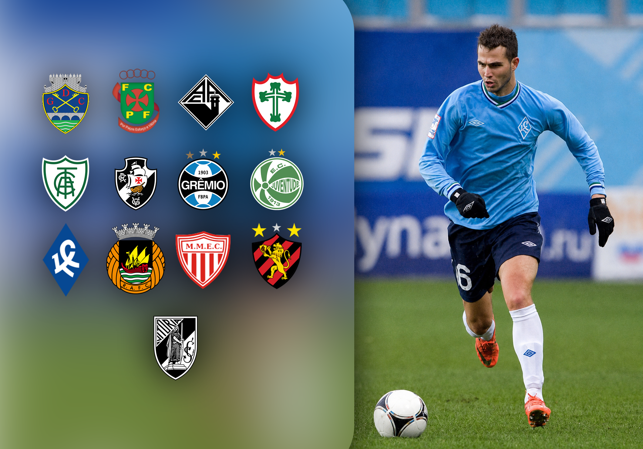 Crests of the clubs where Bruno Teles played throughout his professional career in Brazil and Europe